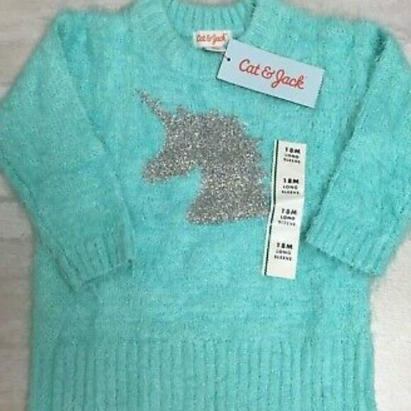 NWT Cat & Jack Toddler Girls’ Unicorn Pullover Sweater Mint / Aqua / Silver - Picture 3 of 5